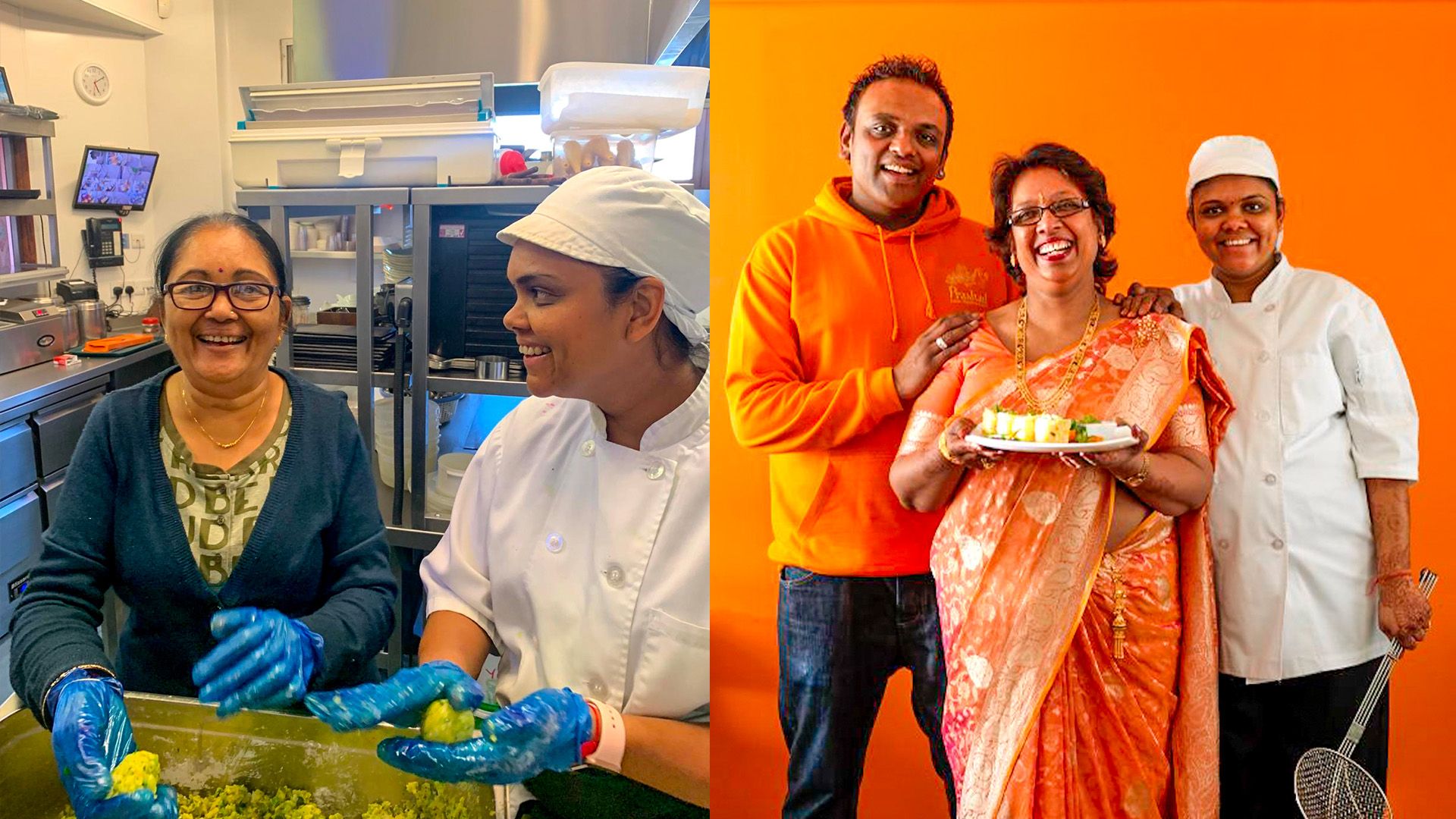 Minal and her mum cooking at Prashad and Bobby, Kaushy and Minal posing for a photo