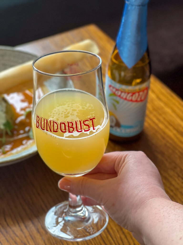 Coconut beer with Indian vegetarian tasting menu course five masala dosa