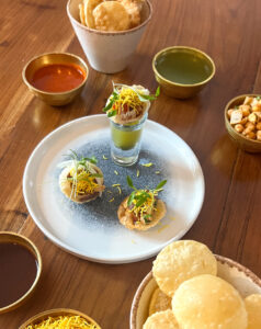Pani Puri served three ways, a vegan course from Prashad's 7 course Indian tasting menu